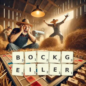 Kreative Illustration für ein Scrabble-Spiel, bei dem das Wort BOCKGEILER mit Steinen auf dem Brett gelegt wurde.