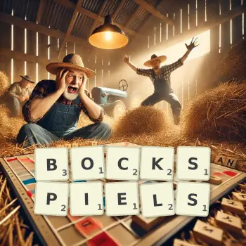 Kreative Illustration für ein Scrabble-Spiel, bei dem das Wort BOCKSPIELS mit Steinen auf dem Brett gelegt wurde.
