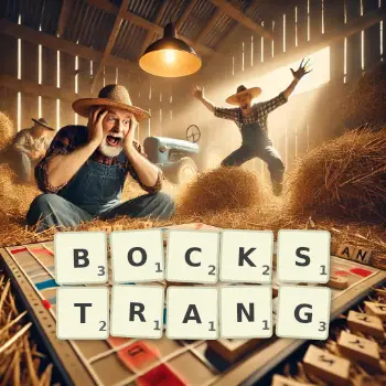 Kreative Illustration für ein Scrabble-Spiel, bei dem das Wort BOCKSTRANG mit Steinen auf dem Brett gelegt wurde.