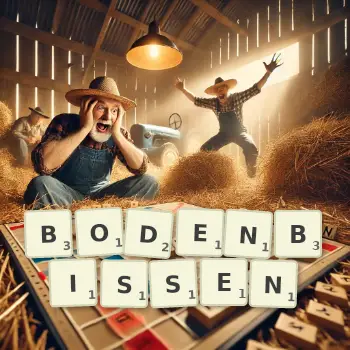 Kreative Illustration für ein Scrabble-Spiel, bei dem das Wort BODENBISSEN mit Steinen auf dem Brett gelegt wurde.