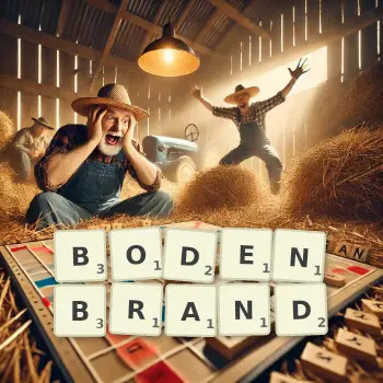 Kreative Illustration für ein Scrabble-Spiel, bei dem das Wort BODENBRAND mit Steinen auf dem Brett gelegt wurde.