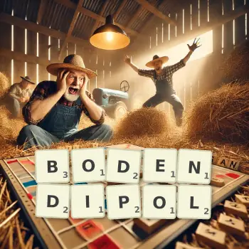 Kreative Illustration für ein Scrabble-Spiel, bei dem das Wort BODENDIPOL mit Steinen auf dem Brett gelegt wurde.