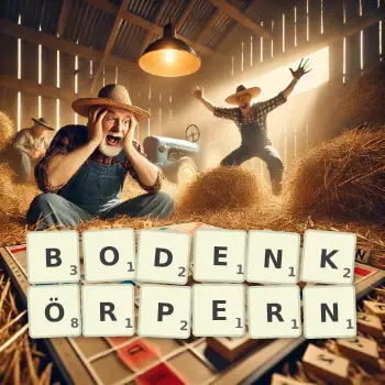 Kreative Illustration für ein Scrabble-Spiel, bei dem das Wort BODENKÖRPERN mit Steinen auf dem Brett gelegt wurde.