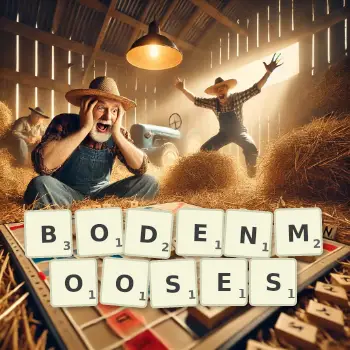 Kreative Illustration für ein Scrabble-Spiel, bei dem das Wort BODENMOOSES mit Steinen auf dem Brett gelegt wurde.