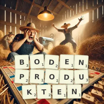 Kreative Illustration für ein Scrabble-Spiel, bei dem das Wort BODENPRODUKTEN mit Steinen auf dem Brett gelegt wurde.