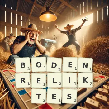 Kreative Illustration für ein Scrabble-Spiel, bei dem das Wort BODENRELIKTES mit Steinen auf dem Brett gelegt wurde.