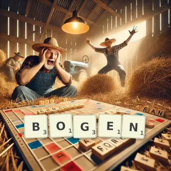Kreative Illustration für ein Scrabble-Spiel, bei dem das Wort BOGEN mit Steinen auf dem Brett gelegt wurde.