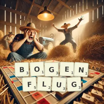 Kreative Illustration für ein Scrabble-Spiel, bei dem das Wort BOGENFLUG mit Steinen auf dem Brett gelegt wurde.