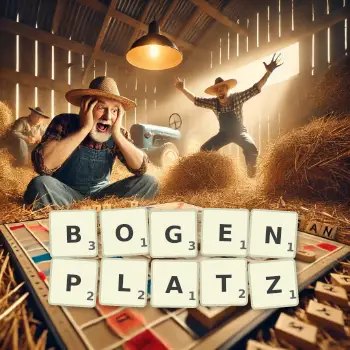 Kreative Illustration für ein Scrabble-Spiel, bei dem das Wort BOGENPLATZ mit Steinen auf dem Brett gelegt wurde.
