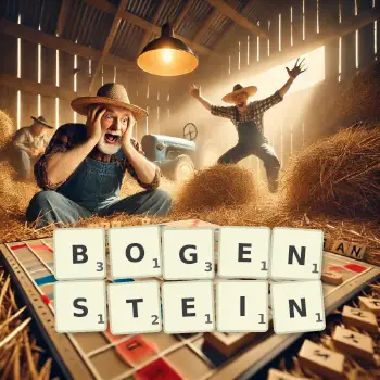 Kreative Illustration für ein Scrabble-Spiel, bei dem das Wort BOGENSTEIN mit Steinen auf dem Brett gelegt wurde.