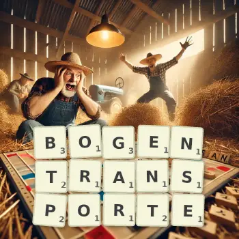 Kreative Illustration für ein Scrabble-Spiel, bei dem das Wort BOGENTRANSPORTE mit Steinen auf dem Brett gelegt wurde.