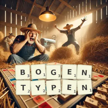 Kreative Illustration für ein Scrabble-Spiel, bei dem das Wort BOGENTYPEN mit Steinen auf dem Brett gelegt wurde.