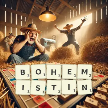 Kreative Illustration für ein Scrabble-Spiel, bei dem das Wort BOHEMISTIN mit Steinen auf dem Brett gelegt wurde.