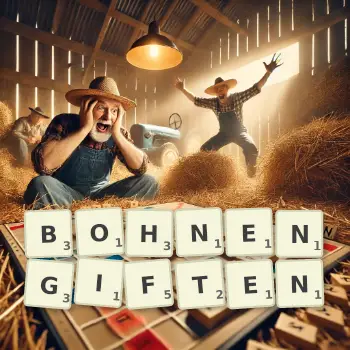 Kreative Illustration für ein Scrabble-Spiel, bei dem das Wort BOHNENGIFTEN mit Steinen auf dem Brett gelegt wurde.