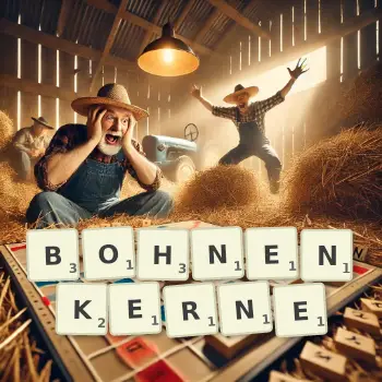 Kreative Illustration für ein Scrabble-Spiel, bei dem das Wort BOHNENKERNE mit Steinen auf dem Brett gelegt wurde.