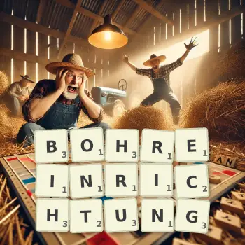 Kreative Illustration für ein Scrabble-Spiel, bei dem das Wort BOHREINRICHTUNG mit Steinen auf dem Brett gelegt wurde.