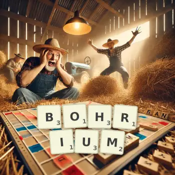 Kreative Illustration für ein Scrabble-Spiel, bei dem das Wort BOHRIUM mit Steinen auf dem Brett gelegt wurde.