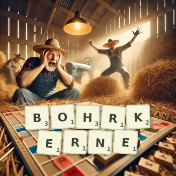 Kreative Illustration für ein Scrabble-Spiel, bei dem das Wort BOHRKERNE mit Steinen auf dem Brett gelegt wurde.
