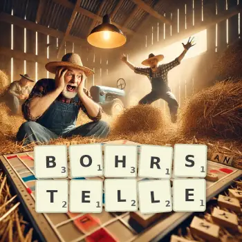 Kreative Illustration für ein Scrabble-Spiel, bei dem das Wort BOHRSTELLE mit Steinen auf dem Brett gelegt wurde.