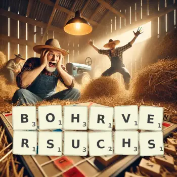 Kreative Illustration für ein Scrabble-Spiel, bei dem das Wort BOHRVERSUCHS mit Steinen auf dem Brett gelegt wurde.