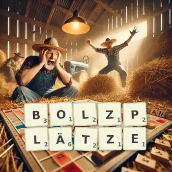 Kreative Illustration für ein Scrabble-Spiel, bei dem das Wort BOLZPLÄTZE mit Steinen auf dem Brett gelegt wurde.