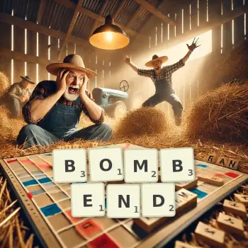 Kreative Illustration für ein Scrabble-Spiel, bei dem das Wort BOMBEND mit Steinen auf dem Brett gelegt wurde.