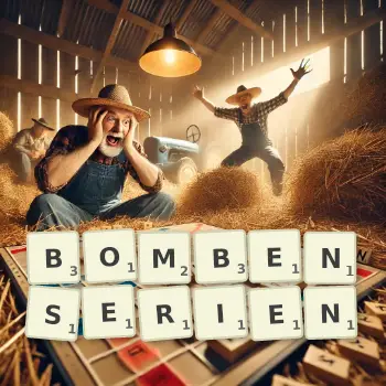Kreative Illustration für ein Scrabble-Spiel, bei dem das Wort BOMBENSERIEN mit Steinen auf dem Brett gelegt wurde.