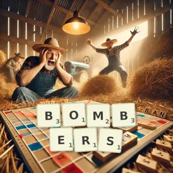 Kreative Illustration für ein Scrabble-Spiel, bei dem das Wort BOMBERS mit Steinen auf dem Brett gelegt wurde.