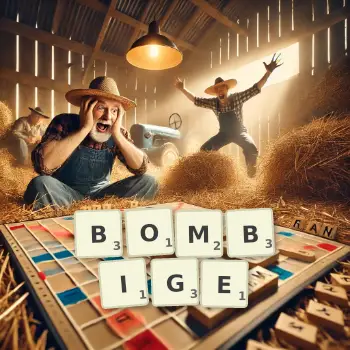 Kreative Illustration für ein Scrabble-Spiel, bei dem das Wort BOMBIGE mit Steinen auf dem Brett gelegt wurde.