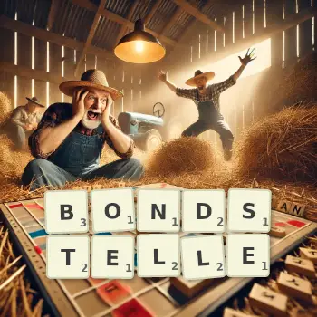 Kreative Illustration für ein Scrabble-Spiel, bei dem das Wort BONDSTELLE mit Steinen auf dem Brett gelegt wurde.