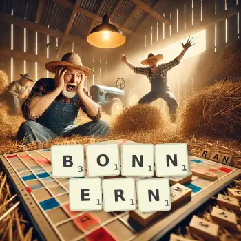 Kreative Illustration für ein Scrabble-Spiel, bei dem das Wort BONNERN mit Steinen auf dem Brett gelegt wurde.