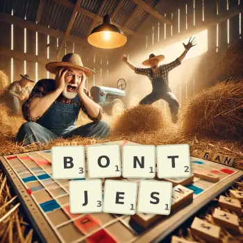 Kreative Illustration für ein Scrabble-Spiel, bei dem das Wort BONTJES mit Steinen auf dem Brett gelegt wurde.