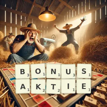 Kreative Illustration für ein Scrabble-Spiel, bei dem das Wort BONUSAKTIE mit Steinen auf dem Brett gelegt wurde.
