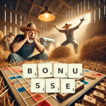 Kreative Illustration für ein Scrabble-Spiel, bei dem das Wort BONUSSE mit Steinen auf dem Brett gelegt wurde.