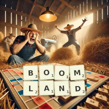 Kreative Illustration für ein Scrabble-Spiel, bei dem das Wort BOOMLAND mit Steinen auf dem Brett gelegt wurde.