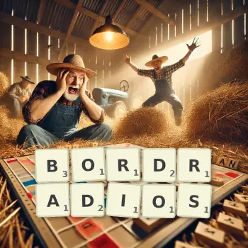 Kreative Illustration für ein Scrabble-Spiel, bei dem das Wort BORDRADIOS mit Steinen auf dem Brett gelegt wurde.