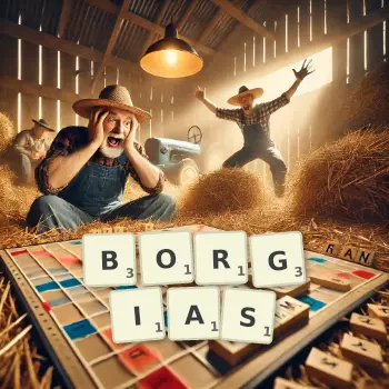 Kreative Illustration für ein Scrabble-Spiel, bei dem das Wort BORGIAS mit Steinen auf dem Brett gelegt wurde.