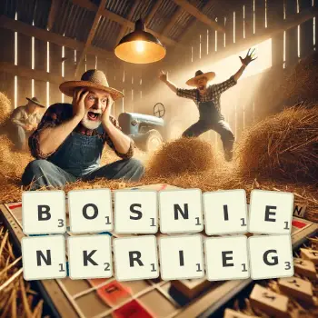 Kreative Illustration für ein Scrabble-Spiel, bei dem das Wort BOSNIENKRIEG mit Steinen auf dem Brett gelegt wurde.