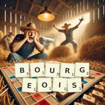 Kreative Illustration für ein Scrabble-Spiel, bei dem das Wort BOURGEOIS mit Steinen auf dem Brett gelegt wurde.