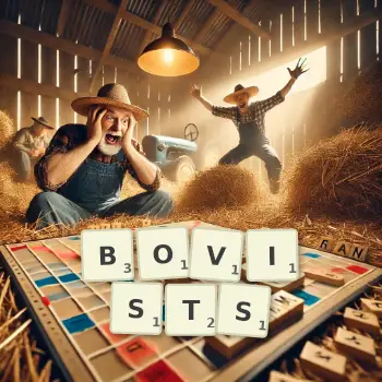 Kreative Illustration für ein Scrabble-Spiel, bei dem das Wort BOVISTS mit Steinen auf dem Brett gelegt wurde.
