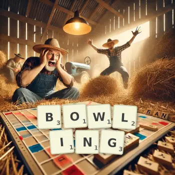 Kreative Illustration für ein Scrabble-Spiel, bei dem das Wort BOWLING mit Steinen auf dem Brett gelegt wurde.