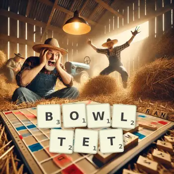 Kreative Illustration für ein Scrabble-Spiel, bei dem das Wort BOWLTET mit Steinen auf dem Brett gelegt wurde.