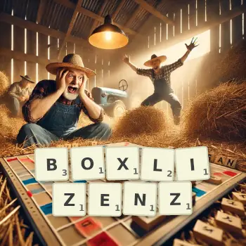 Kreative Illustration für ein Scrabble-Spiel, bei dem das Wort BOXLIZENZ mit Steinen auf dem Brett gelegt wurde.