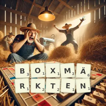 Kreative Illustration für ein Scrabble-Spiel, bei dem das Wort BOXMÄRKTEN mit Steinen auf dem Brett gelegt wurde.