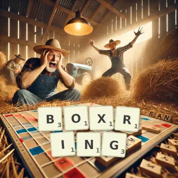 Kreative Illustration für ein Scrabble-Spiel, bei dem das Wort BOXRING mit Steinen auf dem Brett gelegt wurde.