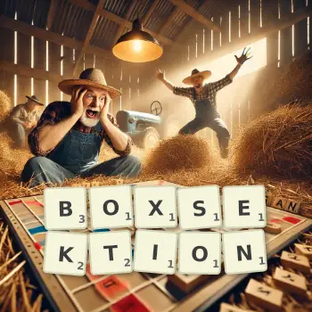 Kreative Illustration für ein Scrabble-Spiel, bei dem das Wort BOXSEKTION mit Steinen auf dem Brett gelegt wurde.