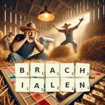 Kreative Illustration für ein Scrabble-Spiel, bei dem das Wort BRACHIALEN mit Steinen auf dem Brett gelegt wurde.