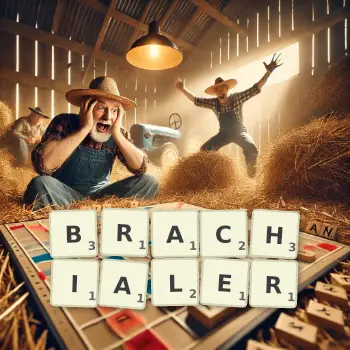 Kreative Illustration für ein Scrabble-Spiel, bei dem das Wort BRACHIALER mit Steinen auf dem Brett gelegt wurde.