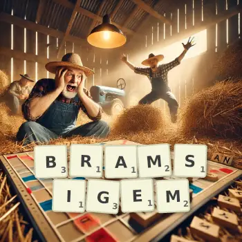Kreative Illustration für ein Scrabble-Spiel, bei dem das Wort BRAMSIGEM mit Steinen auf dem Brett gelegt wurde.