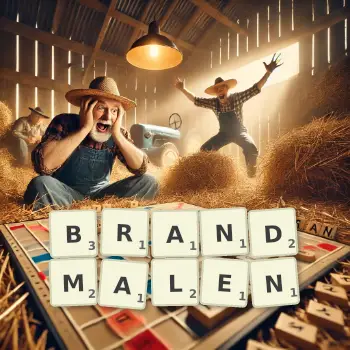 Kreative Illustration für ein Scrabble-Spiel, bei dem das Wort BRANDMALEN mit Steinen auf dem Brett gelegt wurde.